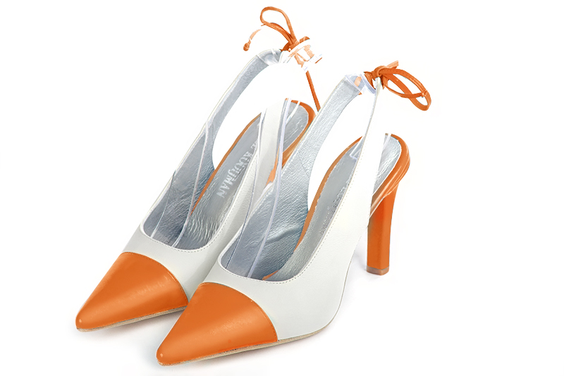 Apricot orange and off white women's slingback shoes. Pointed toe. High slim heel. Front view - Florence KOOIJMAN